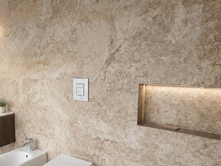 Bagno rifinito con rivestimento in pietra naturale e nicchia illuminata
